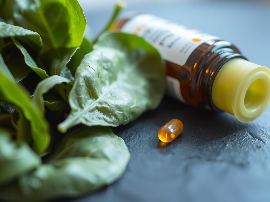 Makroaufnahme Spinat und B12 Supplement